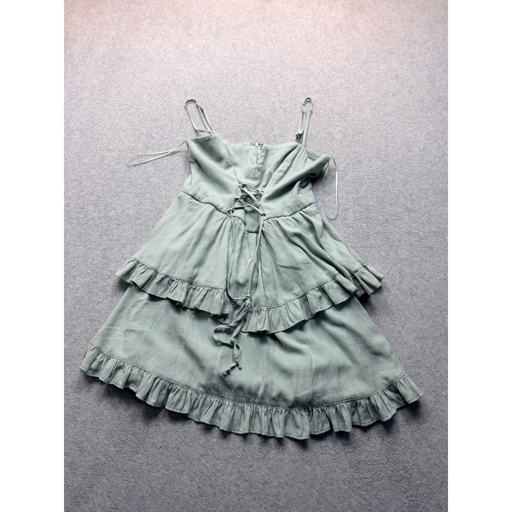 Womens Sage Green Tiered Ruffle Mini Dress Lace Up Back Cottagecore Sleeveless